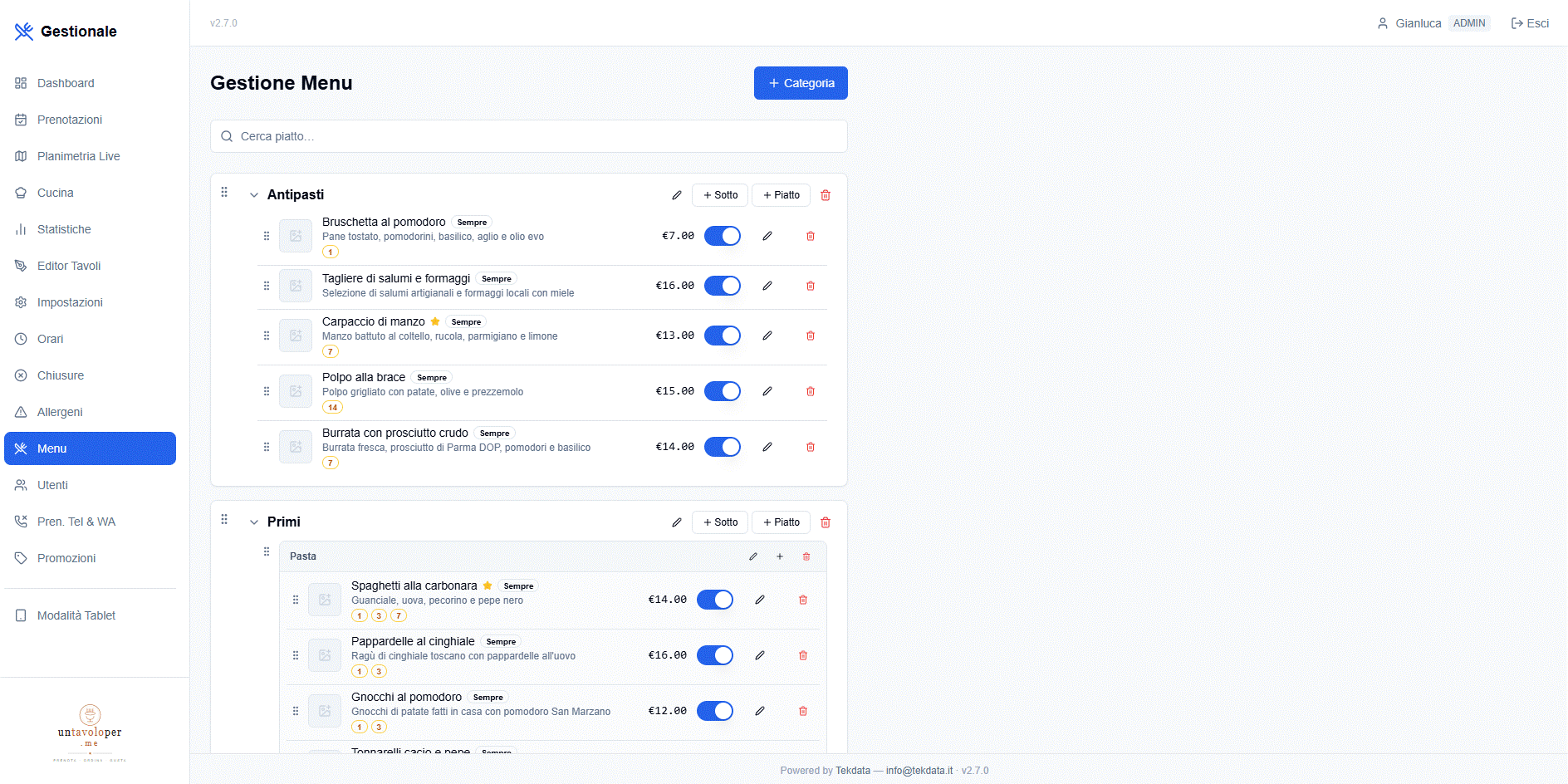 Gestione Menu